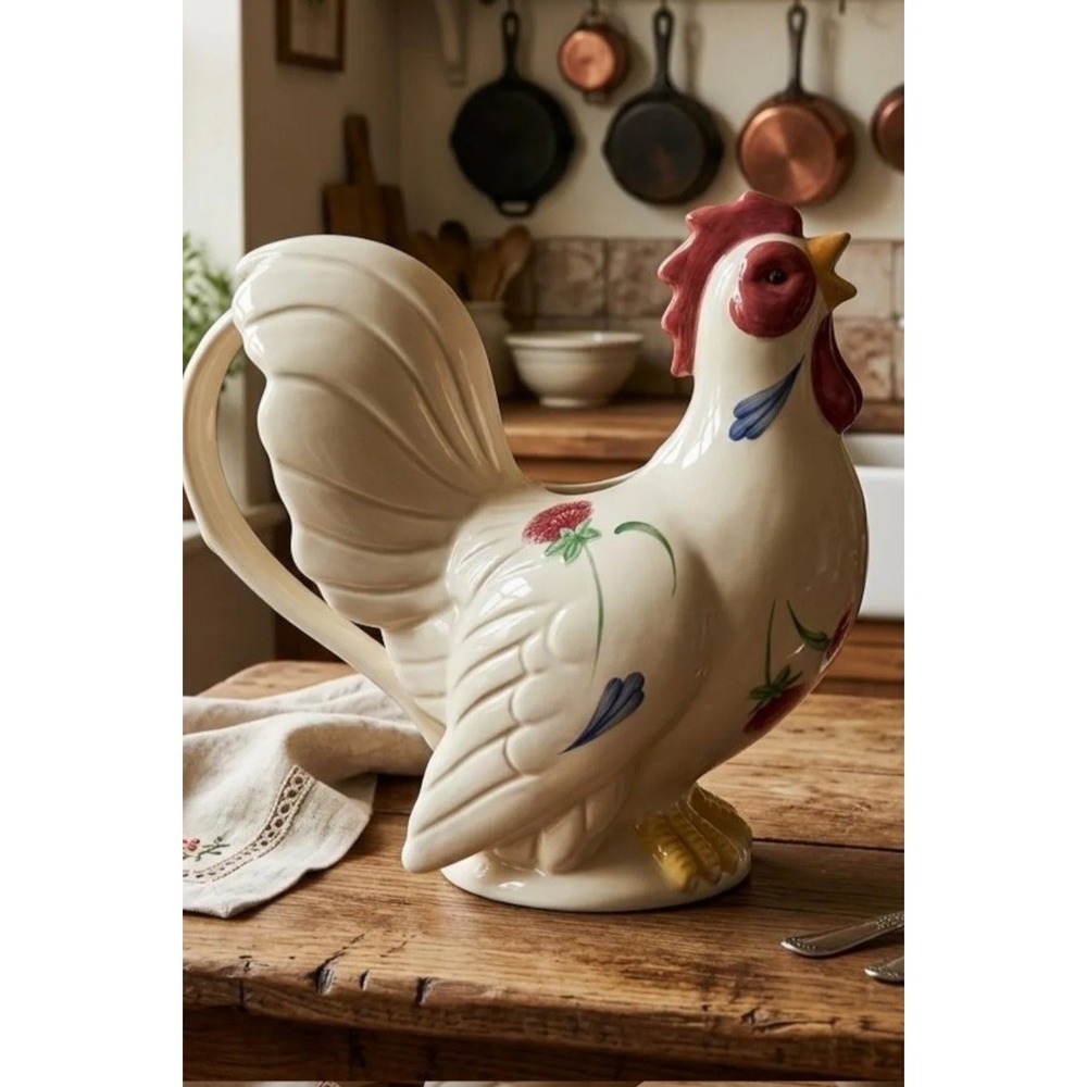 Vintage Lenox Poppies on Blue Rooster Pitcher floral accents